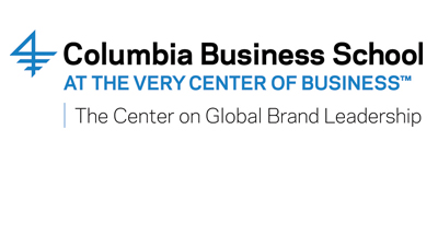 Columbia Business School at the Very Center of Business sub brand logo for The Center on Global Brand Leadership with blue Hermes icon