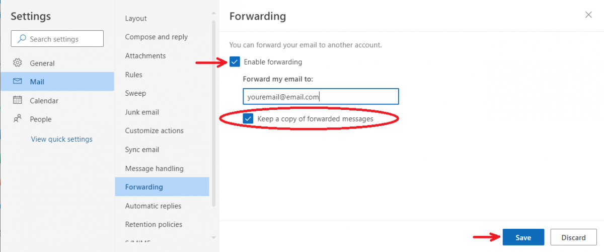 Screenshot of checkbox Keep A Copy of Forwarded Messages and Save button