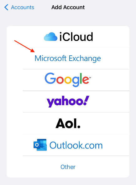 Screenshot of selecting Microsoft Exchange
