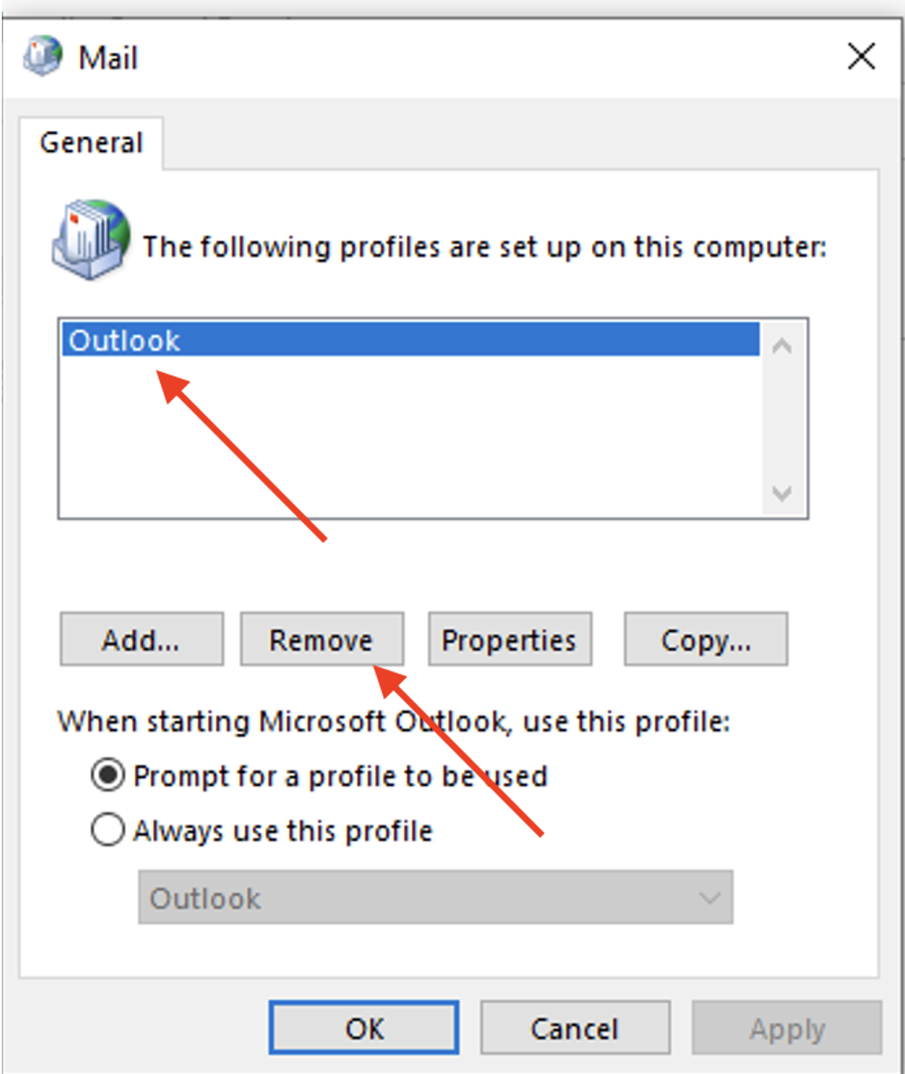 Screenshot of selecting Outlook profile, then selecting Remove