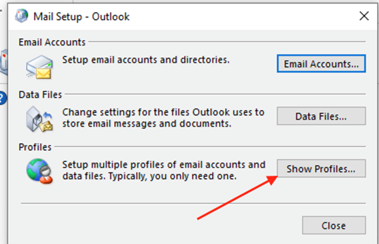 Mail Setup - Outlook window to select Show Profiles