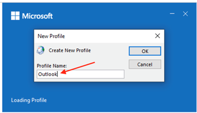 Screenshot of typing Outlook as your profile name when prompted