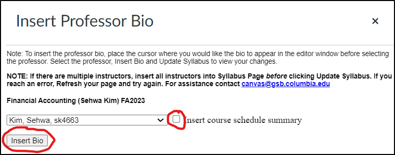 screenshot of "insert professor bio" pop-up window