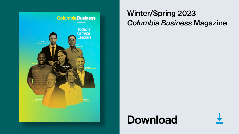 Photo Image of the Winter/Spring 2023 Columbia Business Magazine including Today's Climate Leaders Alumni Personnel