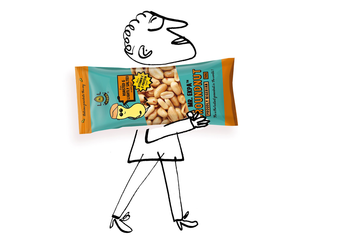 Cartoon man carrying a bag of peanuts.