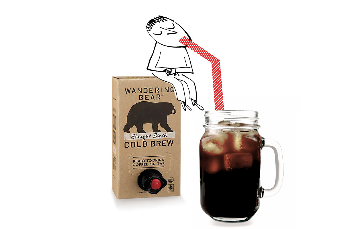 Cartoon man sitting on a box of Wandering Bear Cold Brew drinking from a straw from a mason jar of cold brew.