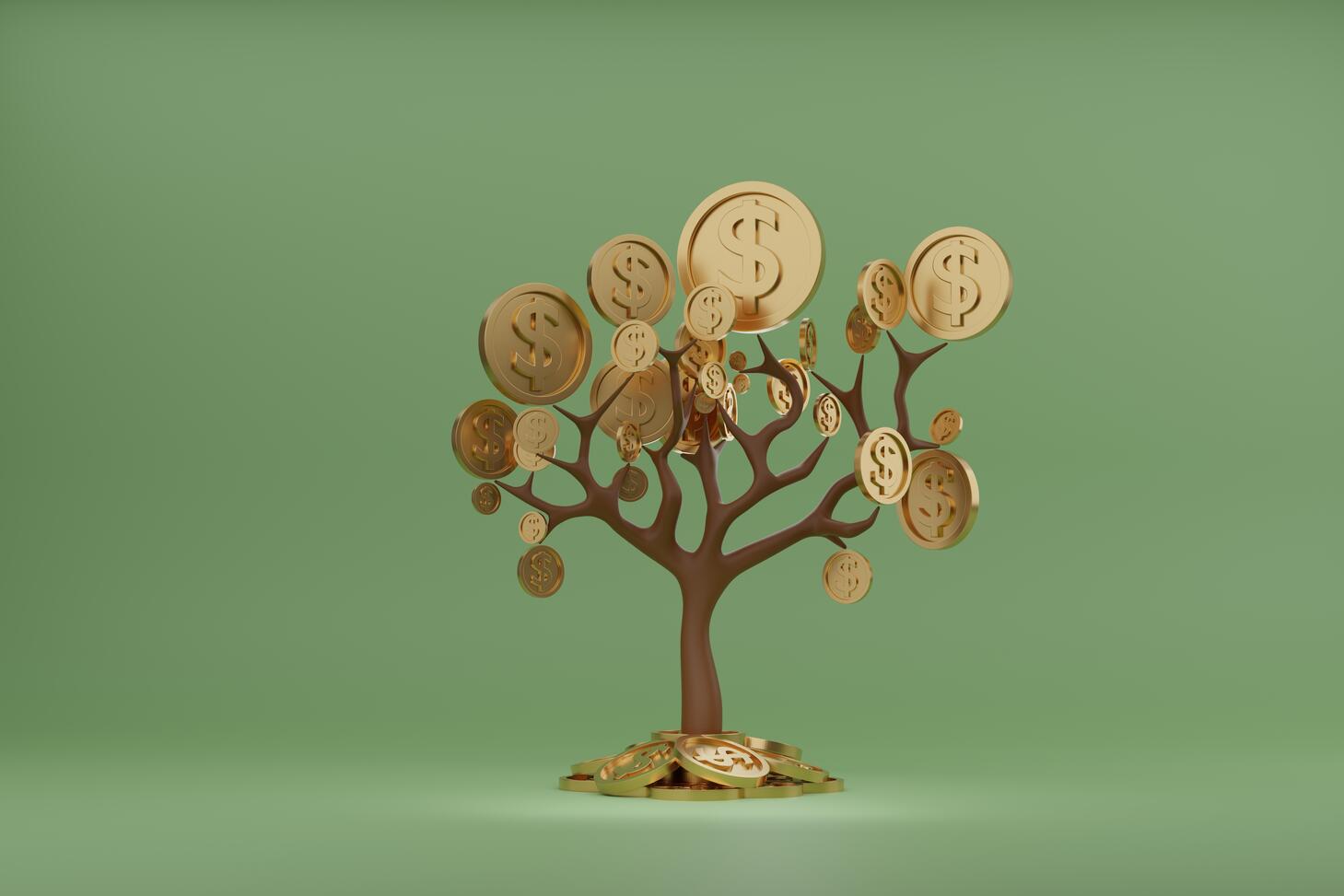 A figurine of a tree with coins growing from its branches