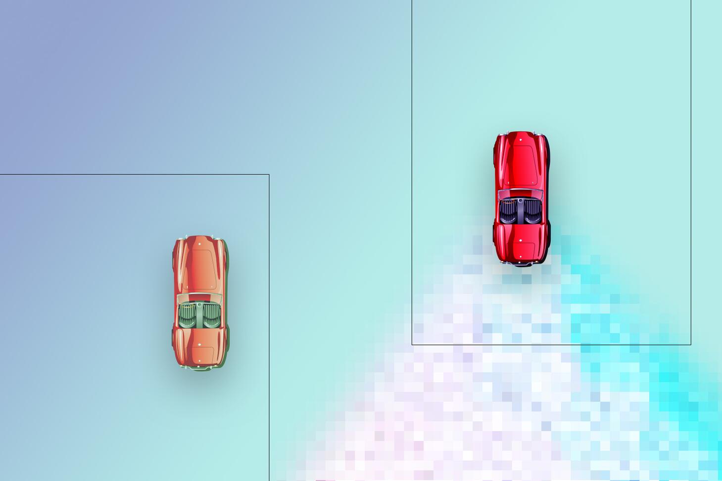 Two red car figurines, shown from overhead; one leaves behind it a white and aqua wake