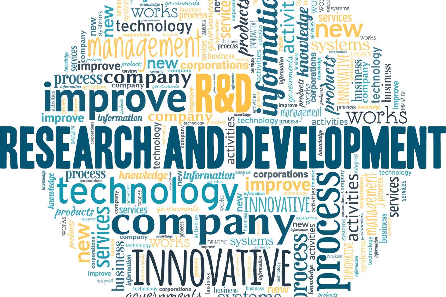 Research and development word cloud isolated on a white background.