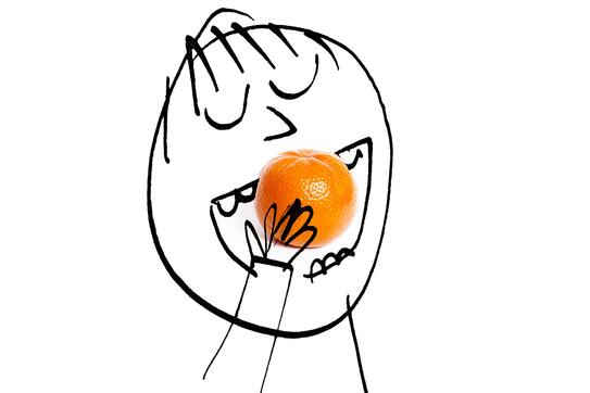 Cartoon person eating an orange.