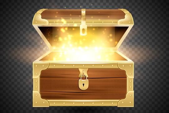 Free vector shine in old wooden chest realistic composition on transparent background with vintage coffer and sparkling gold