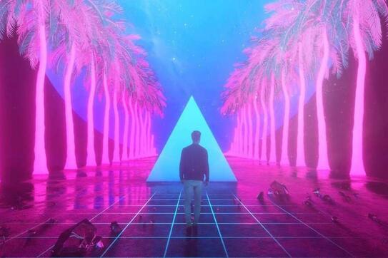 A man walking towards a large triangle on a dark tile floor surrounded by pink palm trees.
