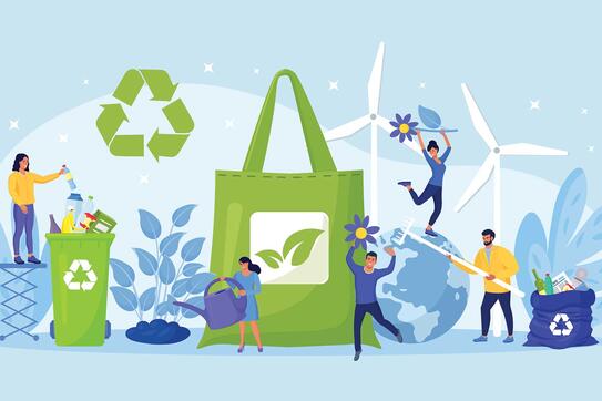 People using eco bag, sorting plastic waste for recycling. Eco friendly shopping. Zero waste. Using reusable bags to save earth environment and less resource pollution. Sustainable choice clean nature
