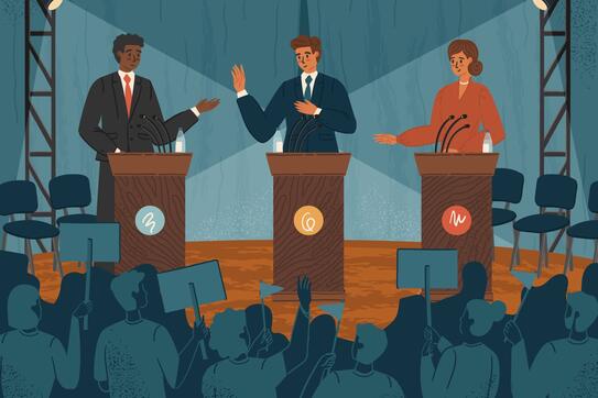 Politicians standing on podium and debating. National election and voting vector illustration. Male and female political candidates at debates, election campaign. Presidential election speech