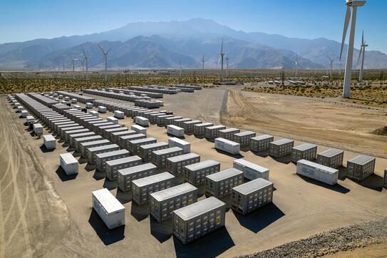 Battery storage array at a power plant in the Palm Springs desert.
