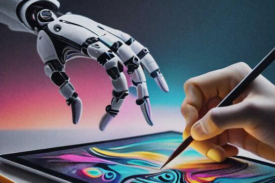 Realistic depiction, AI creating art, music, and paintings, magazine cover, futuristic theme, vibrant colors, abstract patterns, dynamic composition, digital elements, robotic hands painting with fine details