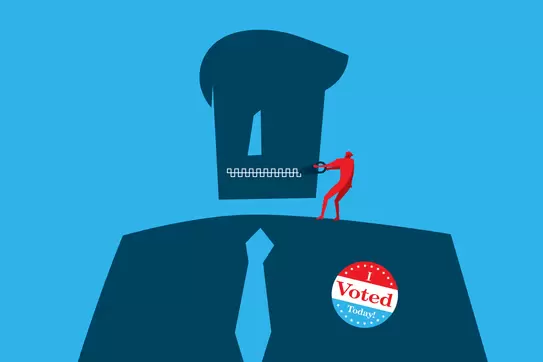 Person with a zipper mouth and I voted sticker