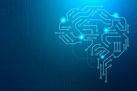 artificial intelligence represented as a human brain schematic with key points on a blue gradient background.