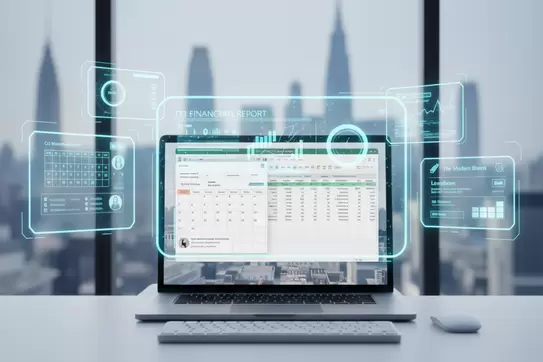 laptop with applications open and AI concept overlaid on it