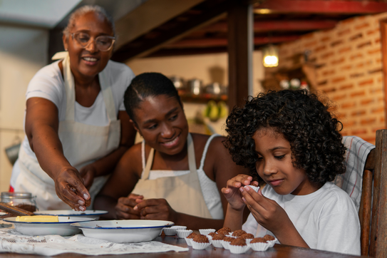 Family preparing baked desserts 
