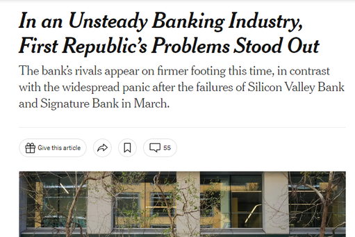 New york times headline and picture of bank