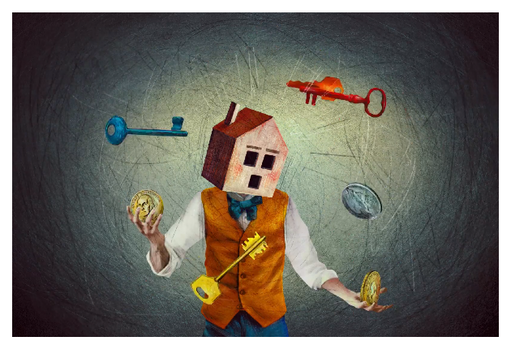 Article title and image of cartoon man juggling keys