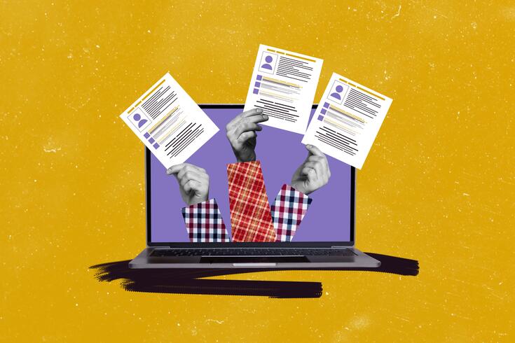 Illustration of hands, resumes and laptop