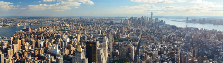 Soaring view of Manhattan from the sky