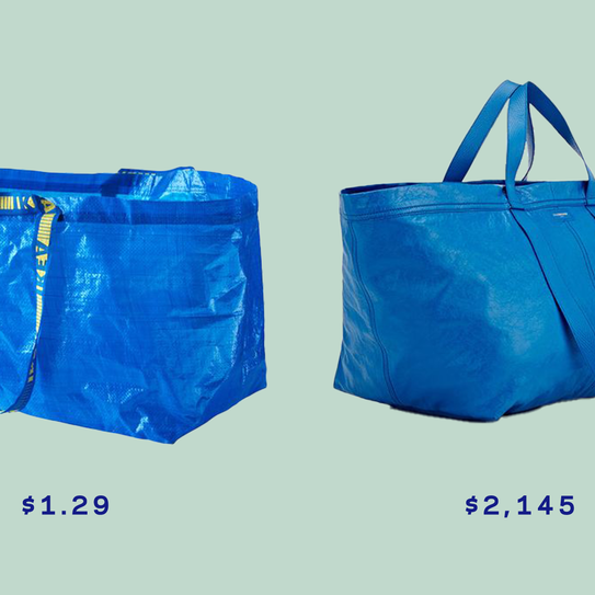 A blue Ikea bag for $1.29 and a blue leather bag for $2,145.