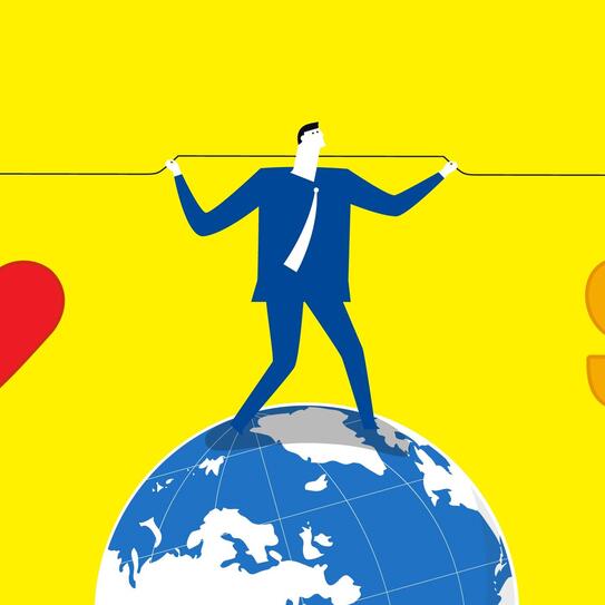 Illustration of person balancing money and purpose on the globe