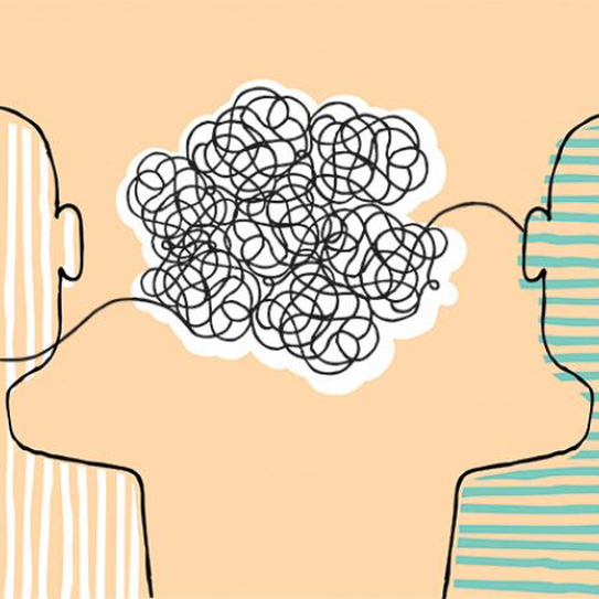 Drawing of two figures in conversation