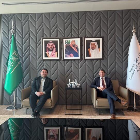 Andrew Dickerman '25 and Professor Brian Lancaster at the Tourism Development Fund during the 2025 Chazen Study Tour to the UAE and Saudi Arabia. 
