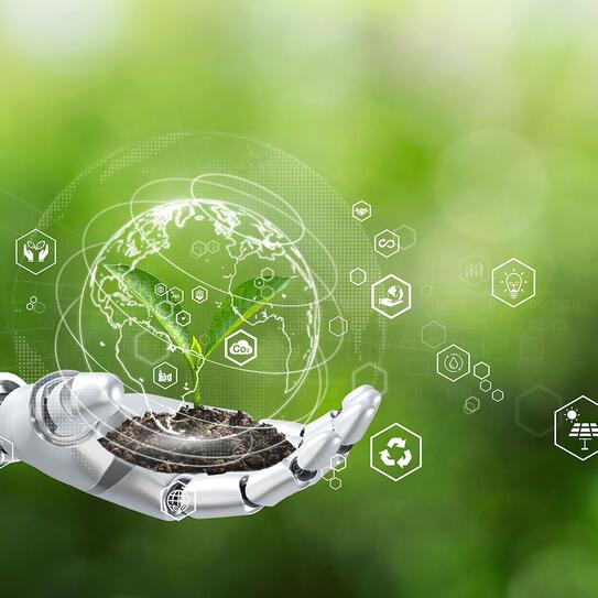 Sustainable development goal (SDGs) concept. Robot hand holding small plants with Environment icon. Green technology and Environmental