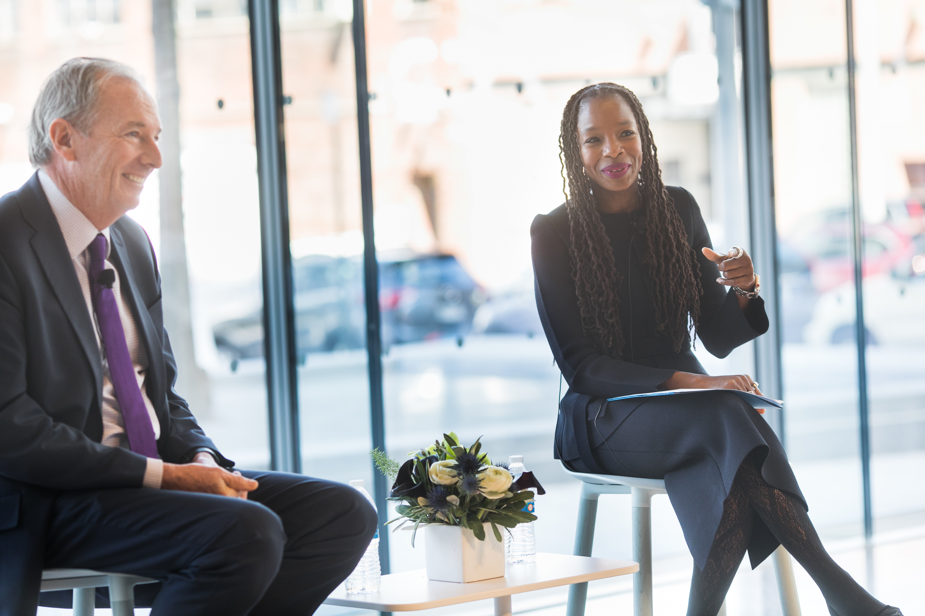 Modupe Akinola, associate professor of management, with James P. Gorman '87, chairman and CEO of Morgan Stanley and chair of the Columbia Business School Board, discussing “Diversity, Equity, and Inclusion as a Core Organizational Value” at Reunion 2022.